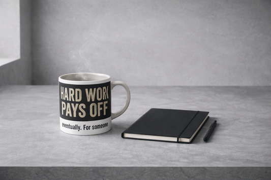 Hard Work Pays Off Mug — Funny Motivational Coffee Cup ("Eventually. For Someone.")