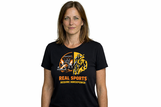 Real Sports Require Horsepower T-Shirt — Vintage Motorsports & Rodeo Graphic Tee